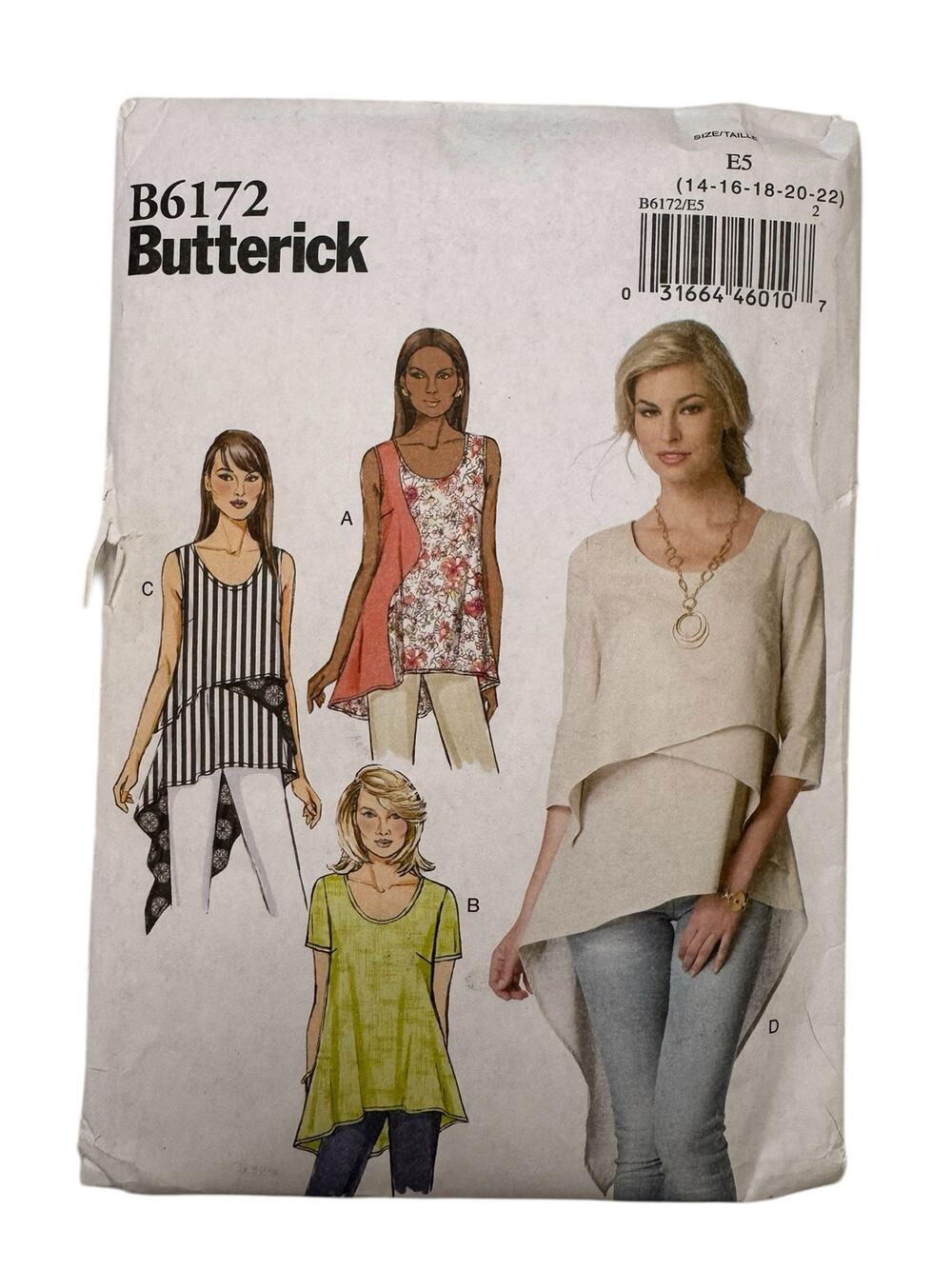 BUTTERICK Loose Fitting Top Tunic Pattern Uncut #B6172 Size E5 14-16-18-20-22
